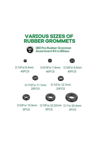 Pazly 180 Adet Farklı Kauçuk Grommet Kiti, 1/4, 5/16, 3/8, 7/16, 1/2, 5/8, 7/8, 1 Boyutlar, Yıkama Seti, Kauçuk Tel Takozlar