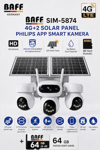 SIM-5874 Çift Solar Panelli 4G SIM Kartlı 3 Lensli PTZ Akıllı Dış Mekan Güvenlik Kamerası HD Suya Dayanıklı IP Kamera + 64 GB Hafıza Kartı Dahil