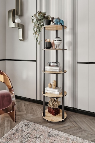 Dekoratif Masivo Kitaplık 5 Katlı 34 Çap Yuvarlak Çok Amaçlı Raf Meşe