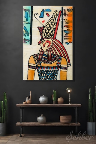 Gök Ve Güneş Tanrısı Horus Papirüs Üzerine Çizilmiş Dikey Kanvas Tablo Tekli 3758 Çok Renkli