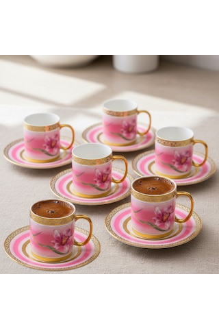 Tulip Pembe Renk Çiçek Figürlü 6 Kişilik Porselen Kahve Fincan Takımı 90 Ml. Pembe