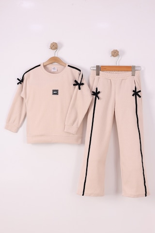 Monox Kız Çocuk Kurdale Detaylı Fitilli Polar Takım Bej