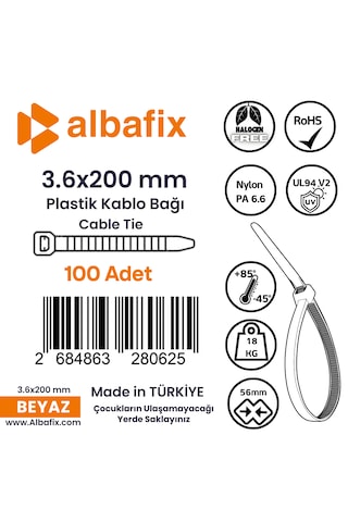 3.6x200 Mm Beyaz Plastik Kablo Bağı Klipsi Cırt Kelepçe 100 Lü Paket 3.6 X 200mm- Beyaz