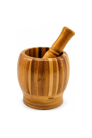 Ahşap Bambu - Çizgili Havan Sarımsak Dövecek Ç: 8cm--d: 7cm--y:10.5cm Fileli Ambalaj 5570