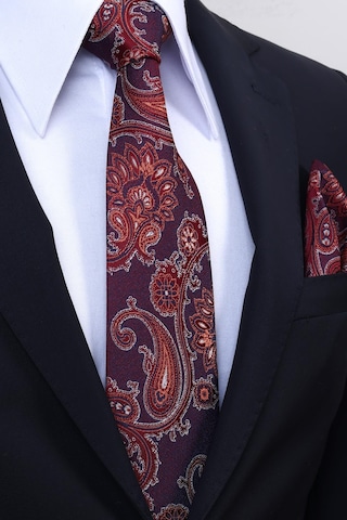 Esgue Hand Made 8 Cm Şal Desen Bordo Kırmızı Renk Mendilli Kravat Lacivert - Gri