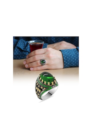 Yeşil Zirkon Taşlı Oval Tasarım 925 Ayar Gümüş Erkek Yüzük (429371978)