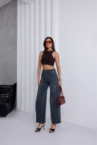 Zdnjeans Kadın Yüksek Bel Gri Wide Leg Palazzo Jean Pantolon Antrasit