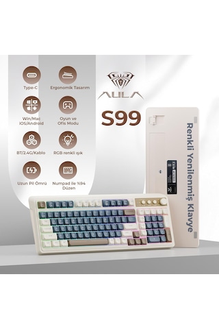 Aula S99 Retro Rgb Gaming 3 Modlu Bluetooth/2.4ghz/usb-c Kablosuz Makrolu Türkçe Q Klavye Lacivert