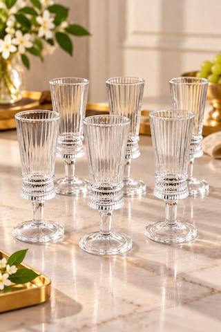 6 Lı Kristal Cam Ayaklı Kahve Yanı Bardağı Bardak Flüt Model 50ml Şeffaf