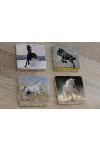 Koşan Atlar Doğal Taş Bardak Altlığı 4'lü Set - Natural Stone Coasters-174216 Çok Renkli
