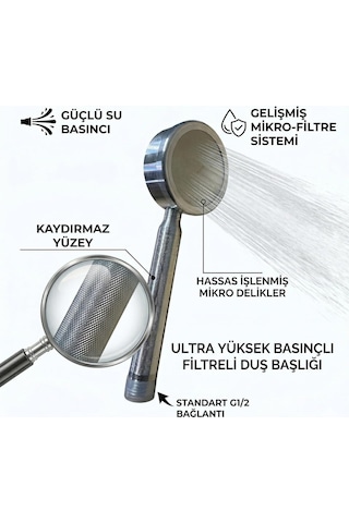 Paslanmaz İnox El Duş Başlığı, Yüksek Basınçlı, Mikro Filtre Sistemli, Kaydırmaz Yüzey Çok Renkli