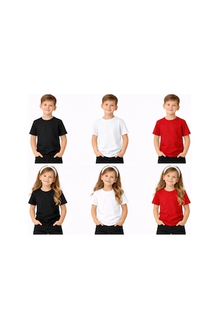 Parti Selesi Unisexs Çocuk Düz Kısa Kollu T-shirt Kırmızı