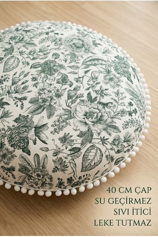 Yeşil Çiçekli Toile De Jouy Desenli Yuvarlak Minder 40 Cm - Su Geçirmez, Sıvı İtici, Leke Tutmaz, Ponponlu Çok Renkli