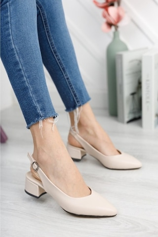 Moda Ayakkabı 0485 Cilt Krem Kadın 5Cm Topuklu Ayakkabı