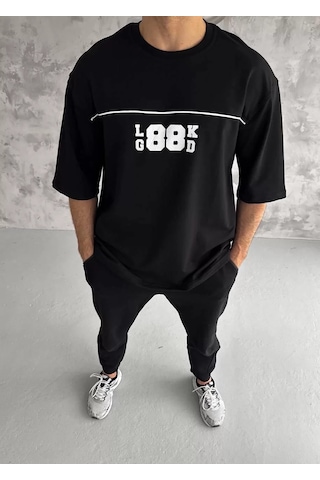 Tarz Yeri Erkek Kısa Kol Yazlık Tişört Bisiklet Yaka Baskılı Oversize T-shirt - Siyah Mor