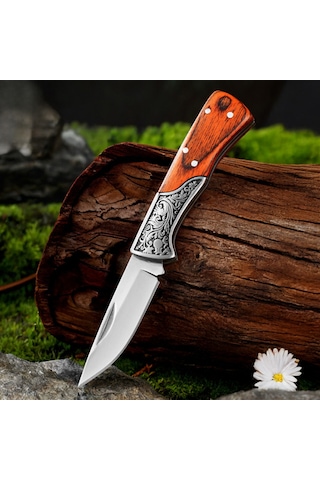 Katlanır Kamp Cep Çakısı - Ahşap Saplı - Sdr-202 - Kırmızı Çok Renkli