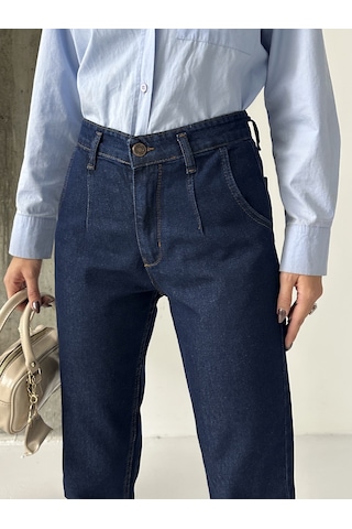 Blue Marlin Pileli Kuşaklı Mom Jeans Lacivert