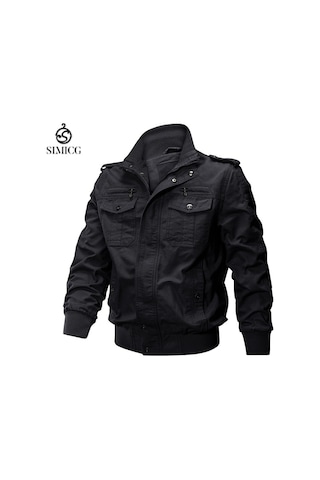 Erkekler İçin Düz Renk Gündelik Ceket, Dik Yaka Ve Büyük Beden Saf Pamuklu İnce Sonbahar Üstü Siyah