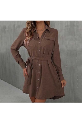 Novahub Erken Sonbahar Kadın Elbise, Uzun Kollu Tek Göğüslü Bağcıklı Düz Renk, Kahve Renkli, Viskoz Kumaş, Uzun Kollu, Diz Boyu, Gündelik Stil, Aile Tatil İstihdam Kahve