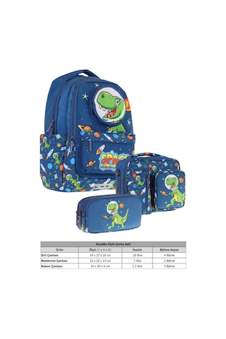 Kaukko Kids 3d Dinazor Şekilli Erkek Çocuk Üçlü Okul Çantası Seti/takımı - Lacivert L5252+l7252+l8252 Lacivert