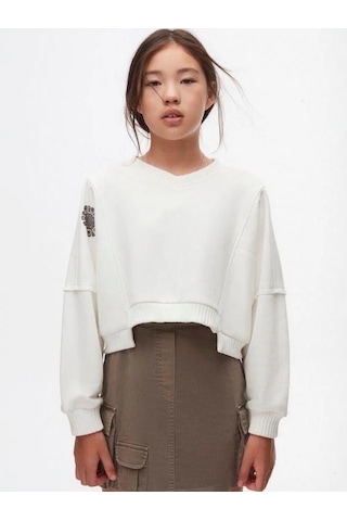 Kız Çocuk Pamuklu Triko Kumaş Karışımlı Sweathirt-14720 Ekru