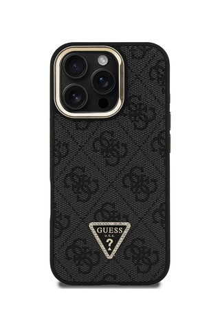 Apple iPhone 16 Pro Uyumlu Kılıf Guess Lisanslı Üçgen Logo 4g Desenli Kamera Standlı Kapak Siyah