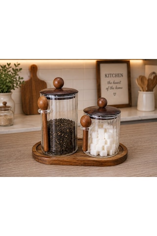 2'li Akasya Kapaklı Kaşıklı Cam Kavanoz Seti Akasya Standlı 650ml,1000ml Şeffaf