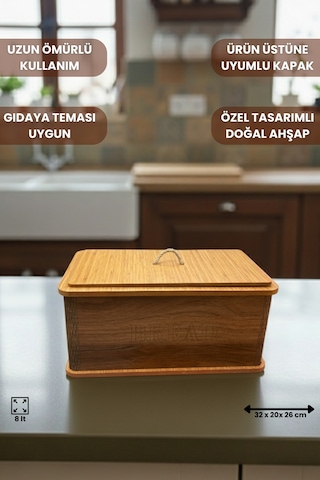 Geleneksel Tasarım Kapaklı Büyük Ekmeklik Dikdörtgen Ahşap Ekmek Sepeti Kemençe Desenli Çok Renkli