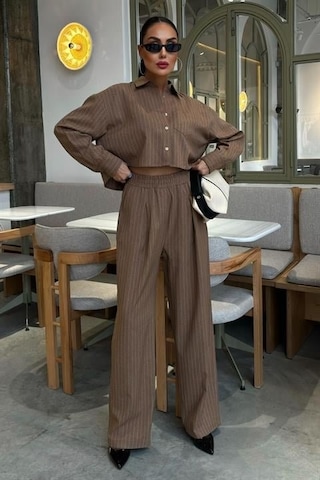 Crop Gömlekli Çizgili Takım 10080 Kahverengi
