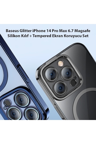 Apple Uyumlu iPhone Baseus Glitter 14 Pro Max 6.7 Magsafe Silikon Kılıf + Tempered Ekran Koruyucu Set