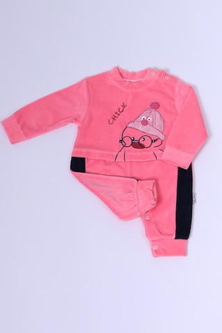Hçm Bebek Kadife Tulum Uzun Kollu Çıtçıtlı Baskılı D5 Pembe