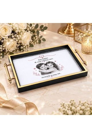 Bk Gift Kişiye Özel Fotoğraflı Siyah&gold Söz Nişan Tepsisi-2 - 39x23 Cm Çok Renkli