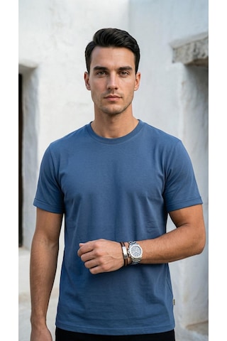 Plus Scorpion T02 Kol Katlama Erkek Slim Fit Basic Tişört Bisiklet Yaka, Düz Kumaş, Yazlık Model İndigo