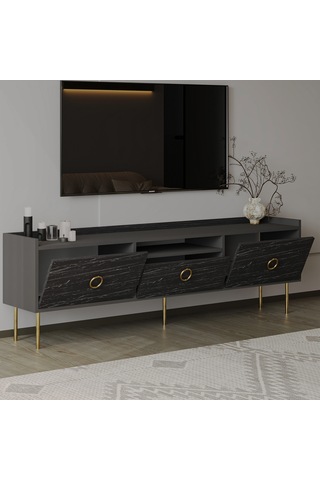 T0015 Lidya Kapaklı, Açık Raflı Tv Sehpası - Antrasit/siyah Mermer Antrasit/siyah Mermer