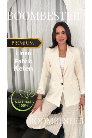 Boombester Kadın Flam Keten Astarlı Blazer Ceket Çizgili Astar Detay Rahat Kalıp İnce Ceket Ekru