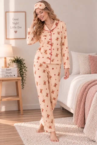 Free Beka Krem Ayıcık Desenli Biye Detaylı Kadın Uzun Kollu Pijama Takımı