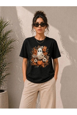 Freedom Storee Kadın Balkabağı Hayalet Baskılı Tişört Kısa Kol Yazlık T-shirt - Siyah Çok Renkli