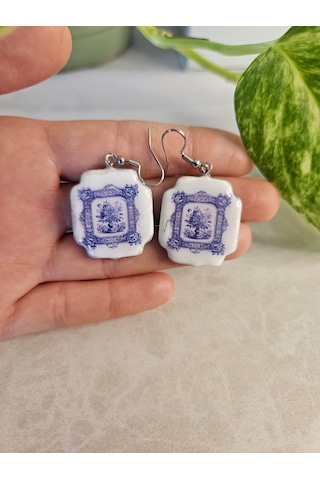 El Yapımı Polimer Kil Küpe - Paslanmaz Çelik Aparatlı Mavi Çini / Seramik Motifli Kare Sallantılı Küpe Blue Tile Mavi - Beyaz