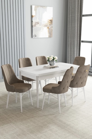 Zümra Serisi, Beyaz 80x132 Açılabilir Mdf Mutfak Masası Takımı 6 Adet Sandalye, Cappucino
