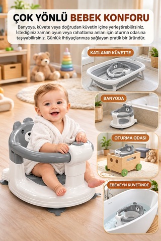 Baby Home Cooki Önden Açılır Banyo Mama Oturağı Güvenli Kullanım Ve Rahat Oturma Alanı Gri