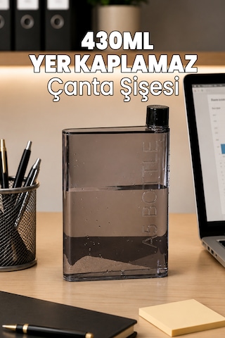 430 Ml Matara - Çantada Yer Kaplamaz Suluk - Ofis Okul Suluğu - İnce Şişe Dar Şişe - Sığ Su Şişesi Siyah
