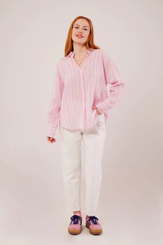 Kol Düğmeli Çizgili Pembe Gömlek Pembe