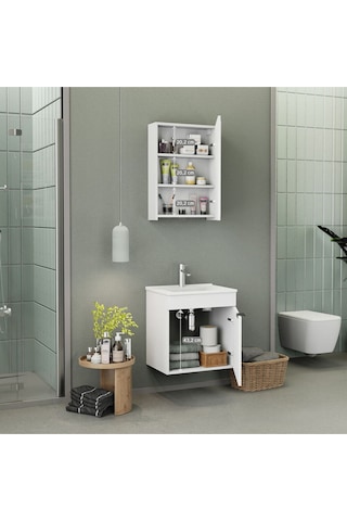Biani Fix Loft 55 Cm Banyo Dolabı,Seramik Lavabolu, Aynalı,Lavabo Dahil,Mdf,Mat Beyaz