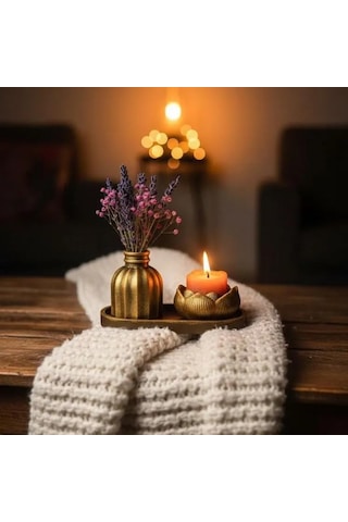Mireva Lotus Tealight Mumluk Ve Mini Vazo Seti Dekoratif Tepsi Üzerinde Altın Renk Mumluk Seti, Masa & Sehpa E Diğer