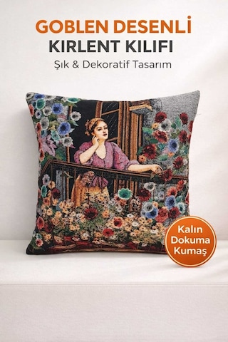 Goblen Balkondaki Kadın Desen Kırlent Kılıf Kahverengi