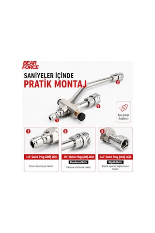 Robeve Bear Force Kısa Basınçlı Yıkama Tabancası Çiftleme Başlığı 1/4 Quick Plug Hızlı Bağlantı Köpük Aparatı Ve Durulama Geçiş Vanası Paslanmaz Çelik 220 Bar / 3200 Psı Basınç Dayanımı