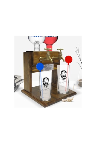 Kişiye Özel Renkli Baskılı Atatürk Temalı İkili Vodka Bardağı Ve Çift Musluklu Doğal Ahşap Vodka Standı-28