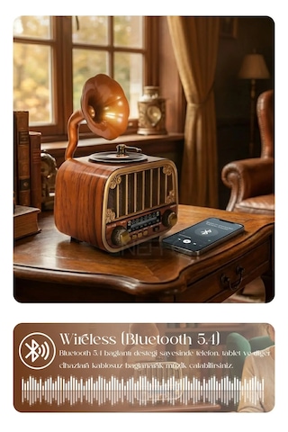Nostaljik Gramofon Tasarımlı Bluetooth Hoparlör & Plak Çalar Görünümlü Radyo