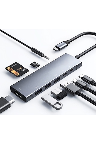 Ally 9 In1 Type C Hub 4K 30Hz Ethernet,Hdmi Usb 3.0,Sd,Pd Adapt-Gri