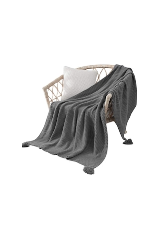 Kalın Örme Battaniye, Süper Yumuşak, Rahat, Tüylü, Sıcak, Dekoratif Püsküllü Açık Gri Battaniye Diğer